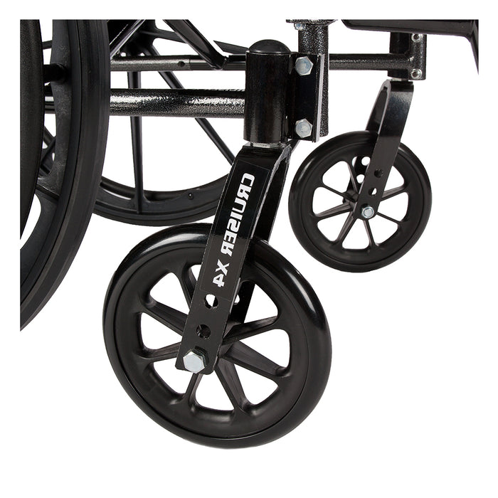 Cruiser X4 Wheelchair, Full Arms, Elevating Leg Rests, 18" Seat, Caster Angle Detail