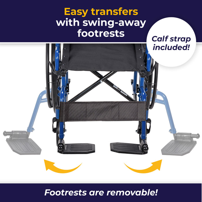 Blue Streak Wheelchair with Flip Back Desk Arms, Swing Away Footrests, 20" Seat