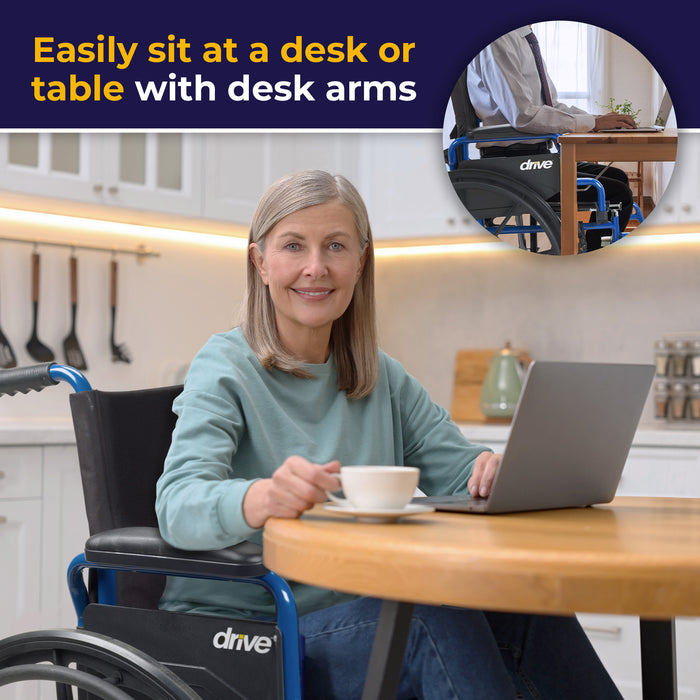 Blue Streak Wheelchair with Flip Back Desk Arms, Swing Away Footrests, 20" Seat