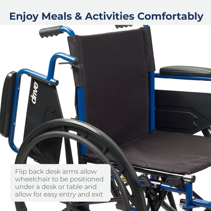 Blue Streak Wheelchair with Flip Back Desk Arms, Elevating Leg Rests, 18" Seat