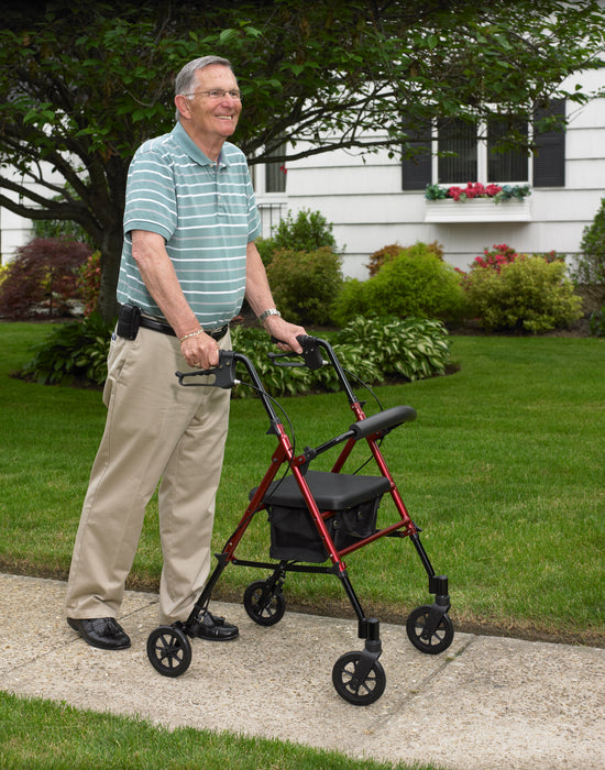 Drive Adjustable Height Rollator, Red, In Use Walking