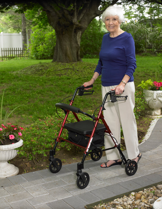 Drive Adjustable Height Rollator, Red, In Use Walking