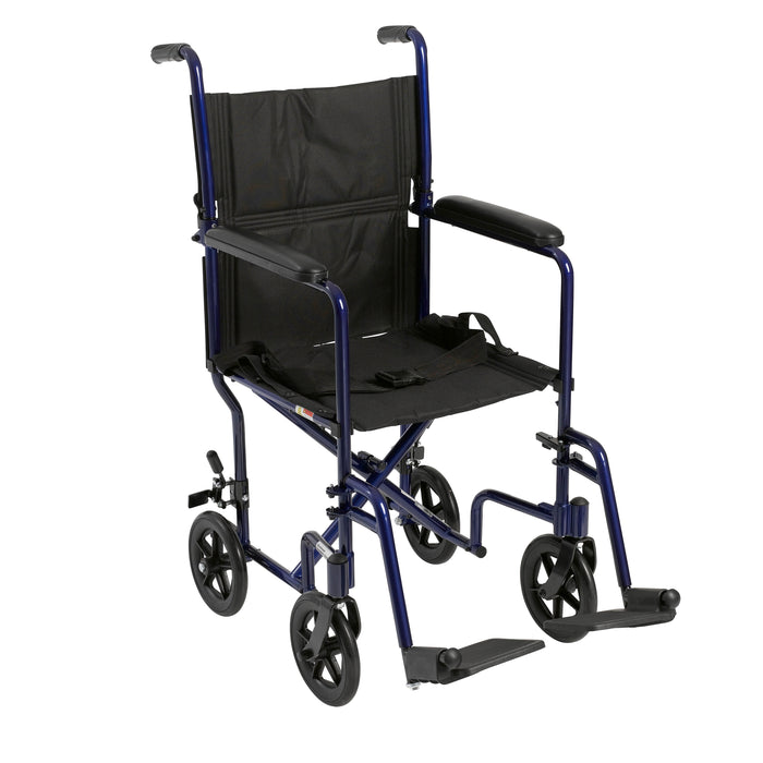 Blue Drive aluminum transport chair in a front three-quarter view with padded armrests and footrests.