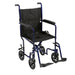 Blue Drive aluminum transport chair in a front three-quarter view with padded armrests and footrests.