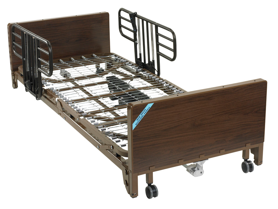 Drive Delta electric medical bed shown without a mattress and fitted with half side rails