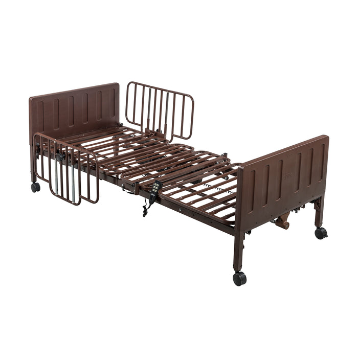 Drive Delta Pro homecare bed frame shown flat with half side rails installed on both sides