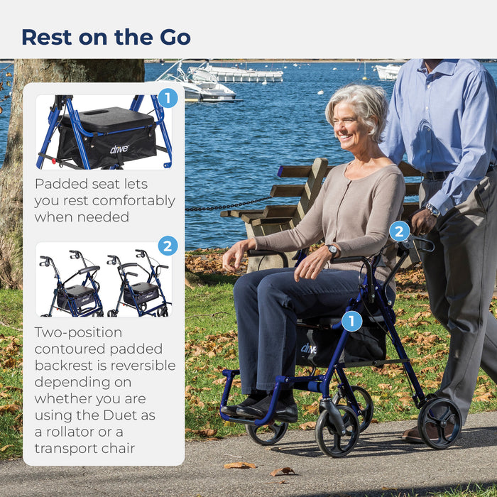 Walking Aid, Blue, in Transport Chair Mode with padded seat and 2 way postion fhe backrest