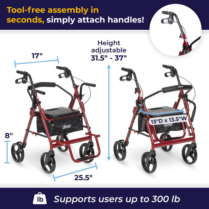Rollator Transport Chair, Burgundy, no tool assembly and product dimensions