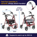 Rollator Transport Chair, Burgundy, no tool assembly and product dimensions