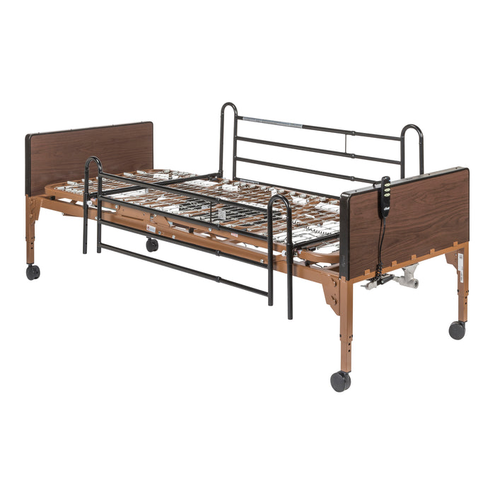 Drive electric hospital bed with full-length side rails viewed from the front corner