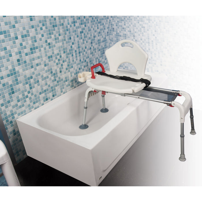 Drive folding sliding transfer bench installed over tub