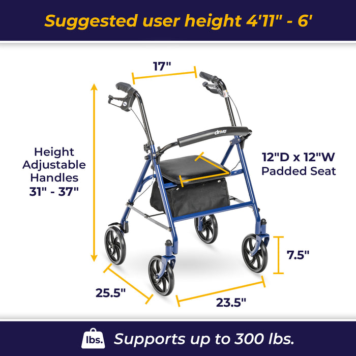 Drive Four Wheel Rollator, Blue, Dimensions and Weight Capacity