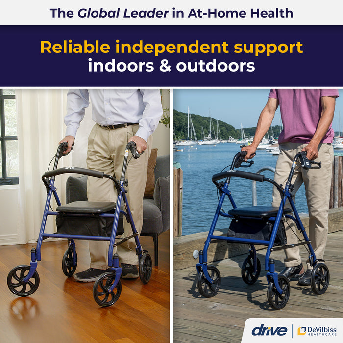 Drive Four Wheel Rollator, Blue, In Use Walking