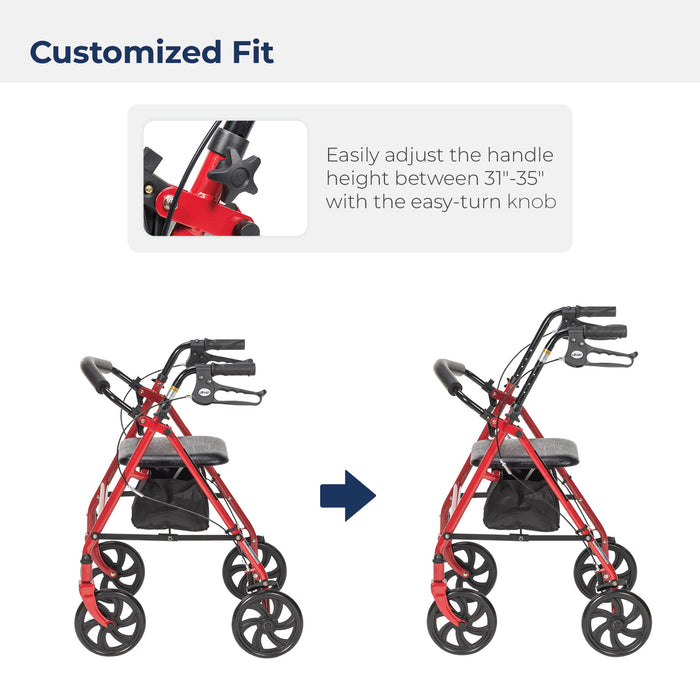 Drive Four Wheel Rollator, Red, Handle Height Adjustment Knob
