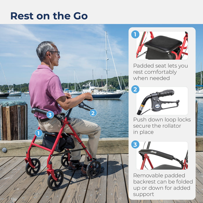 Drive Four Wheel Rollator, Red, Padded Seat, Push Down Loop Locks and Removable Padded Backrest Features