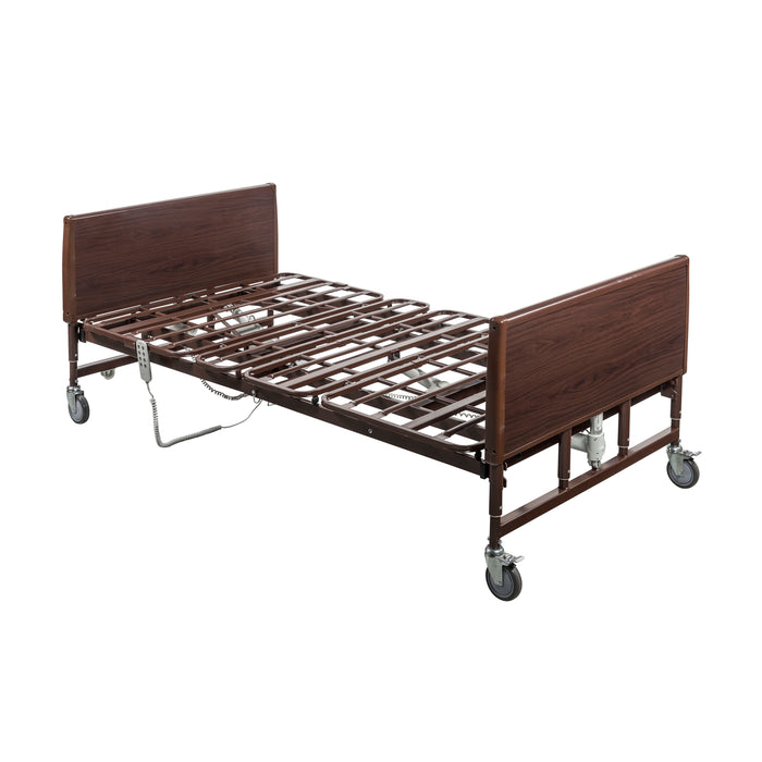 Drive Lightweight Bariatric Hospital Bed shown with a flat slat deck and wood-grain bed ends