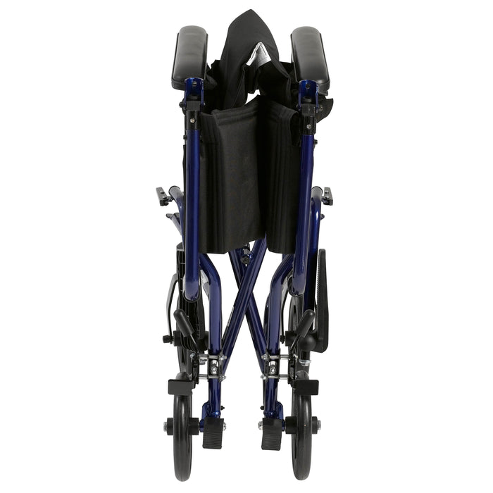 Blue Drive Lightweight Transport Chair folded to a narrow profile for storage and vehicle transport.