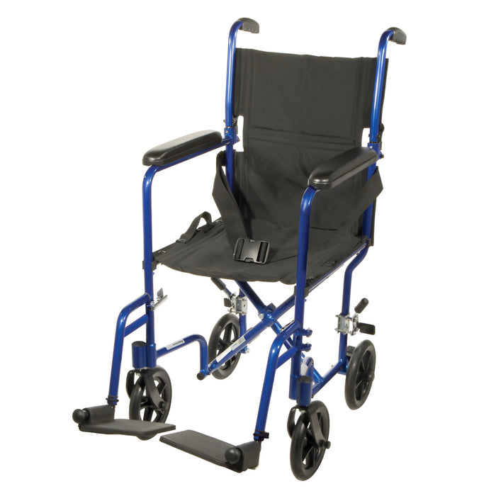 Blue Drive Lightweight Transport Chair shown from the front with swing-away footrests and 8-inch wheels.