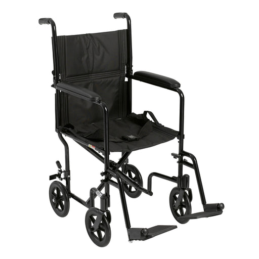 Black Drive Lightweight Transport Chair in front view with padded arms and swing-away footrests.