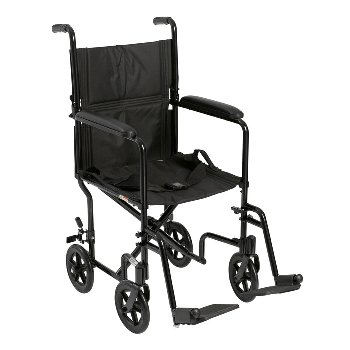Black Drive Lightweight Transport Chair in front view with padded arms and swing-away footrests.