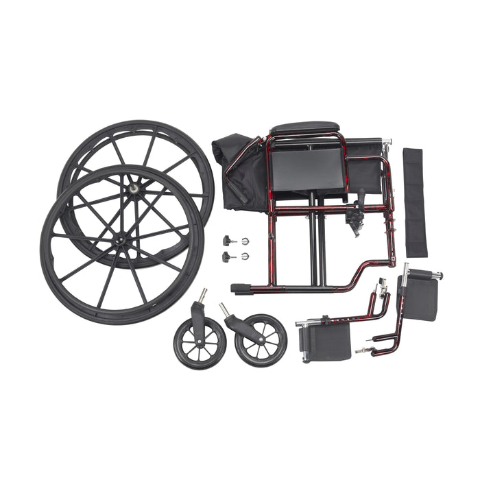  Drive Rebel Wheelchair disassembled into frame, rear wheels, front casters, footrests, and calf strap.