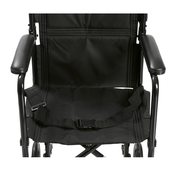 Close-up of the Drive transport chair's black nylon seat, seat belt, back upholstery, and padded armrests.