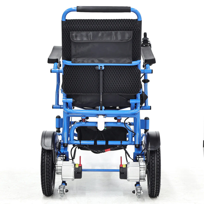 Elevate Home Mobility Sky Hawk blue electric wheelchair rear view