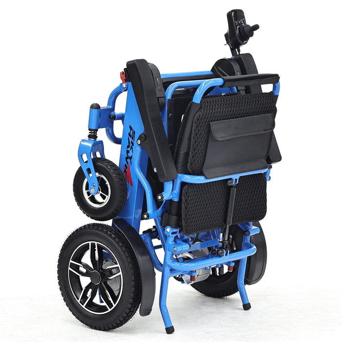 Elevate Home Mobility Sky Hawk blue folding electric wheelchair rear angle view