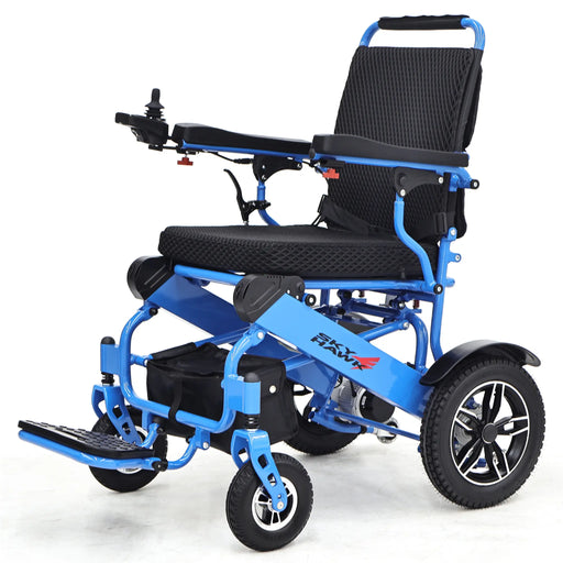 Elevate Home Mobility Sky Hawk blue folding power wheelchair front angle view