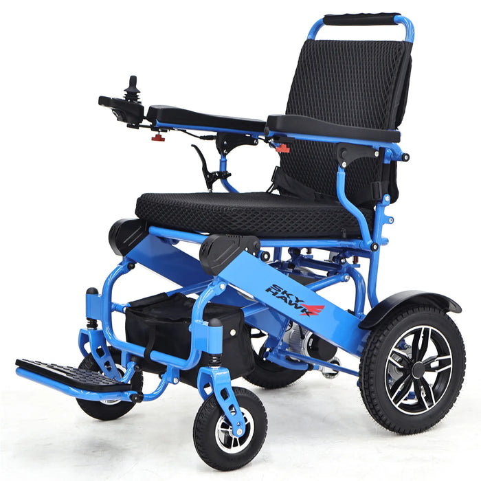 Elevate Home Mobility Sky Hawk blue folding power wheelchair front angle view