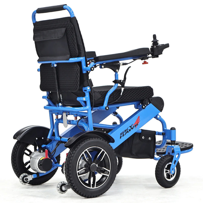 Elevate Home Mobility Sky Hawk blue portable power wheelchair rear angle view