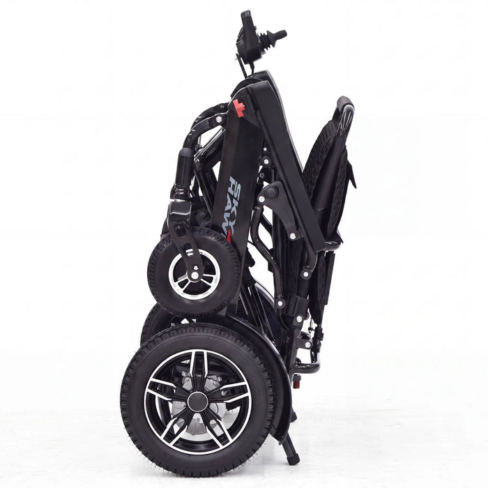 Elevate Home Mobility Sky Hawk foldable electric wheelchair in compact folded position
