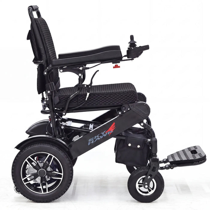 Elevate Home Mobility Sky Hawk portable power wheelchair side view with joystick and footrest