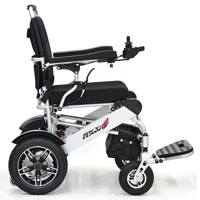 Elevate Home Mobility Sky Hawk silver electric wheelchair side view