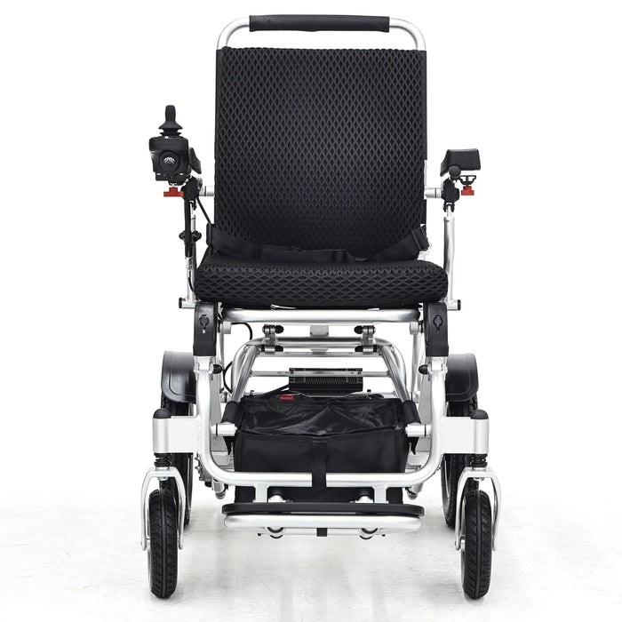 Elevate Home Mobility Sky Hawk silver foldable power wheelchair front view