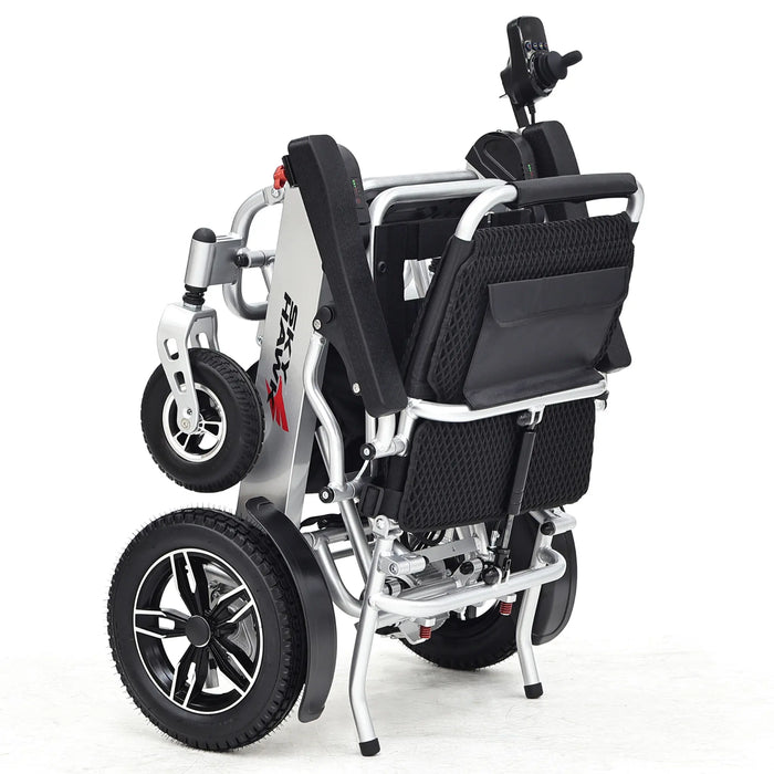 Elevate Home Mobility Sky Hawk silver folding electric wheelchair rear angle view