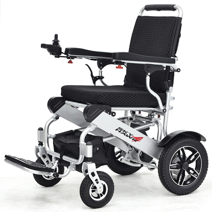 Elevate Home Mobility Sky Hawk silver folding power wheelchair front angle view