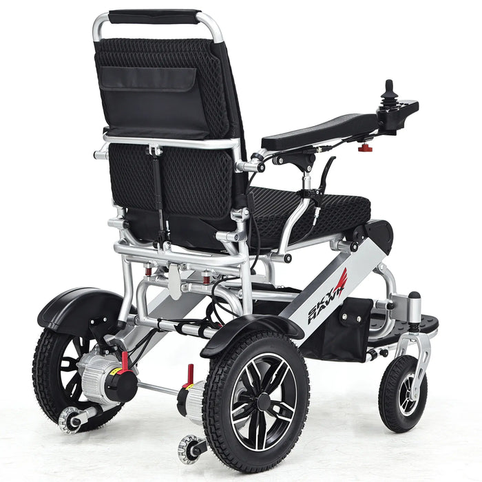 Elevate Home Mobility Sky Hawk silver portable power wheelchair rear angle view