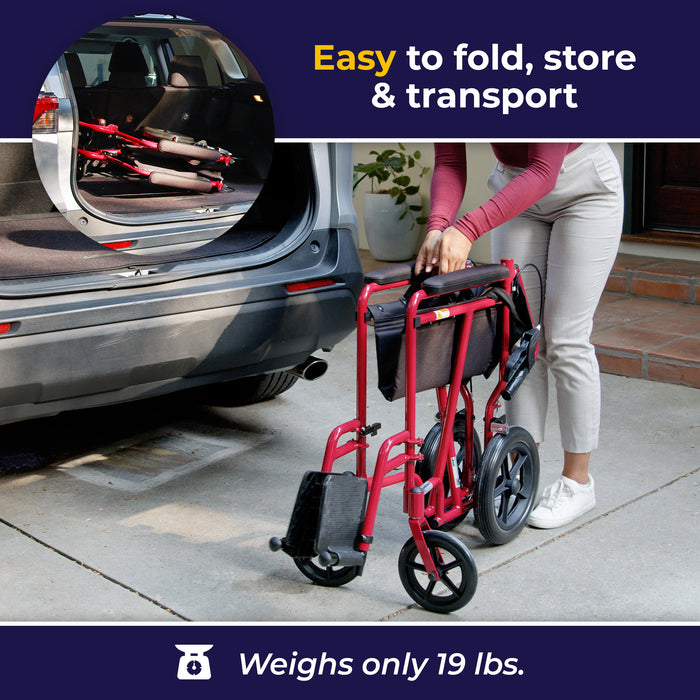 Expedition Transport Chair, Red, Folded for Storage in a Car Trunk