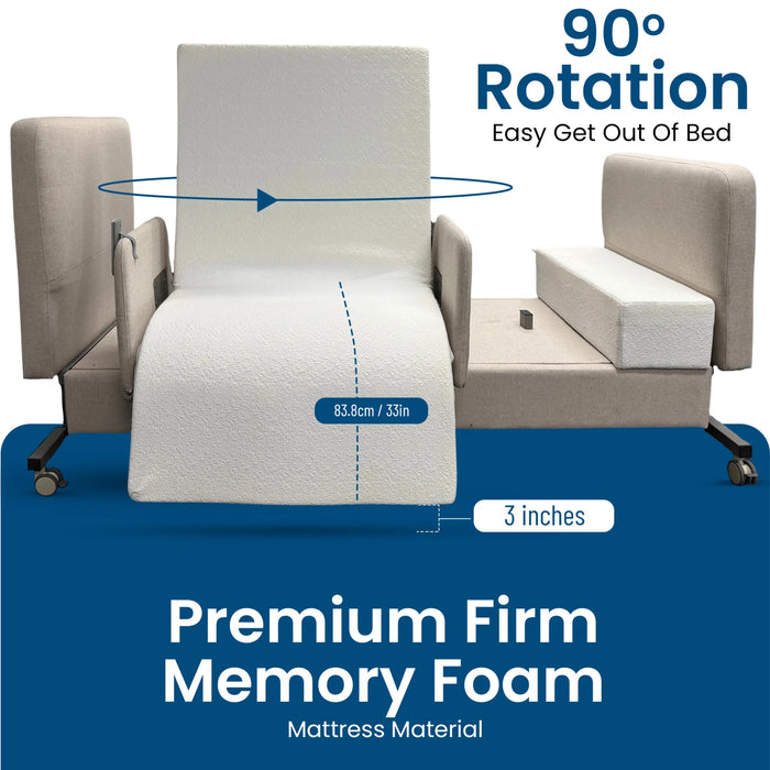 EZLift Bed Elevra Deluxe Rotating Hi-Lo Lift Bed showcasing its 90-degree rotation function for simplified transfers and improved accessibility.