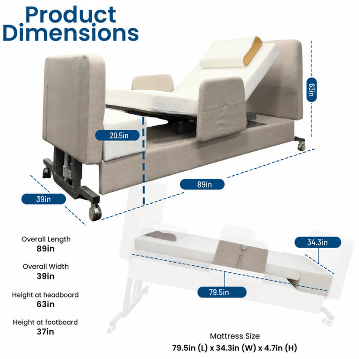 Dimension chart for the EZLift Bed Elevra Deluxe Rotating Hi-Lo Lift Bed showing overall bed length, width, height, and mattress measurements.