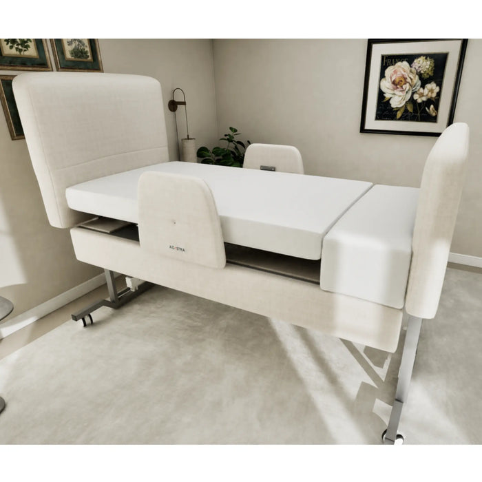 EZLift Bed Elevra Deluxe Rotating Hi-Lo Lift Bed raised to an elevated platform height, demonstrating adjustable height functionality for caregiver assistance and safer transfers.