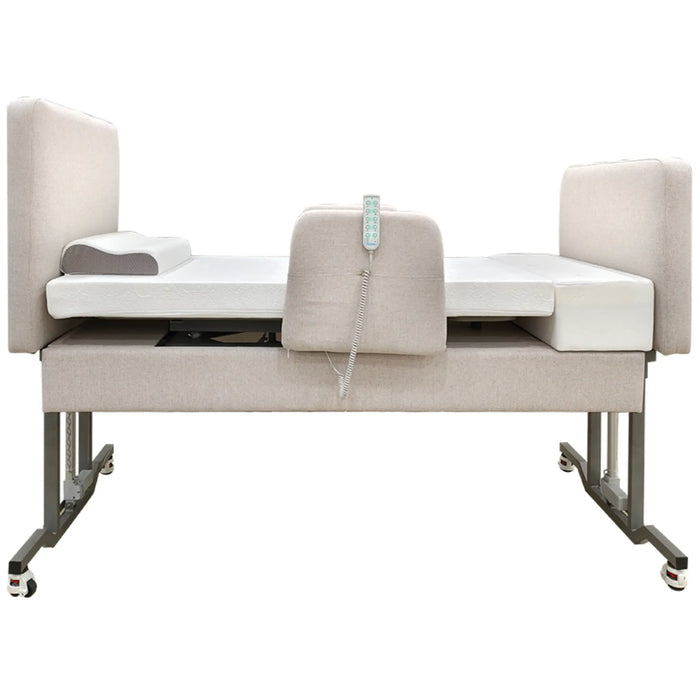 EZLift Bed Elevra Deluxe Rotating Hi-Lo Lift Bed raised to a higher position with adjustable height functionality and handheld remote control.