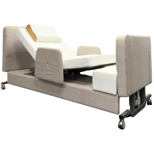 EZLift Bed Elevra Deluxe Rotating Hi-Lo Lift Bed with elevated backrest and leg support, providing a comfortable reclined position for relaxation and recovery.