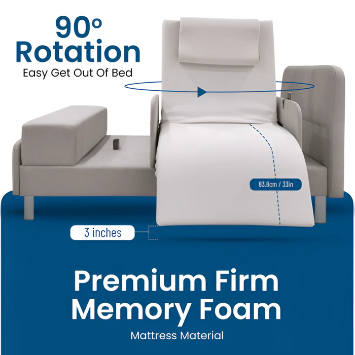 EZLift Bed Elevra Rotating Adjustable Bed rotated 90 degrees into an exit position, demonstrating easy and safe transfers in and out of bed.
