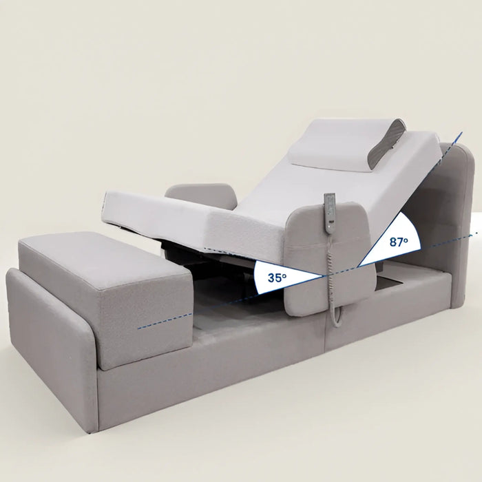 EZLift Bed Elevra Rotating Adjustable Bed displaying adjustable backrest and leg elevation angles, illustrating customizable positioning for comfort and support.