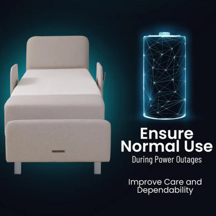 EZLift Bed Elevra Rotating Adjustable Bed with built-in backup battery illustration, highlighting continued operation during power outages for dependable care and mobility support.
