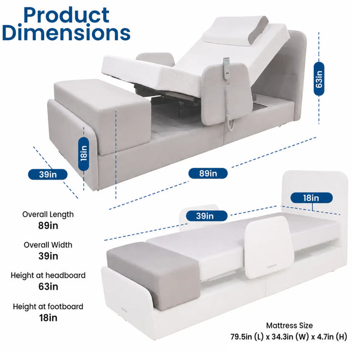 Dimension guide for the EZLift Bed Elevra Rotating Adjustable Bed showing overall measurements, mattress dimensions, and size specifications in both flat and adjustable positions.