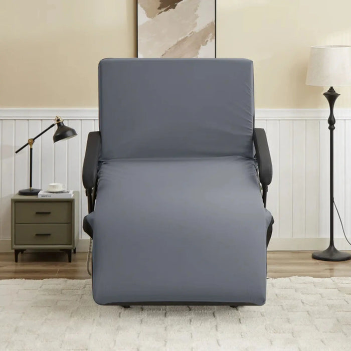 Front view of the EZLift Bed Hi-Lo Pro Stand-Up Adjustable Bed in chair position with an upright backrest, integrated armrests, and a gray upholstered surface.
