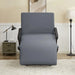 Front view of the EZLift Bed Hi-Lo Pro Stand-Up Adjustable Bed in chair position with an upright backrest, integrated armrests, and a gray upholstered surface.